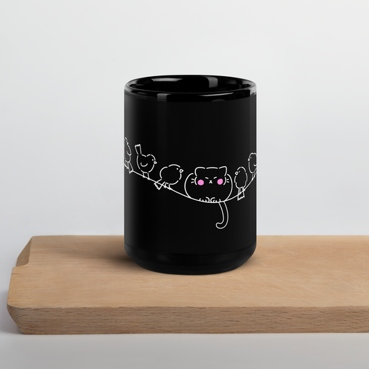 Cat on a wire Black Mug