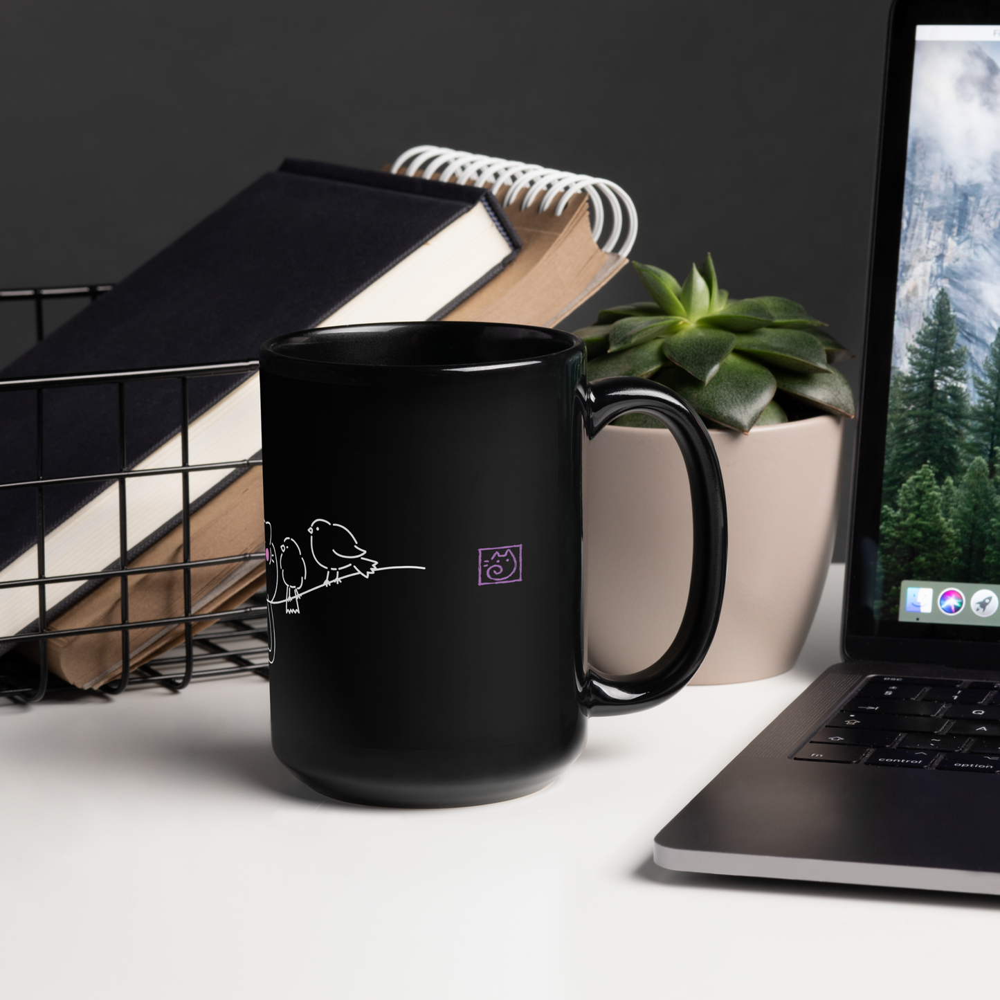 Cat on a wire Black Mug